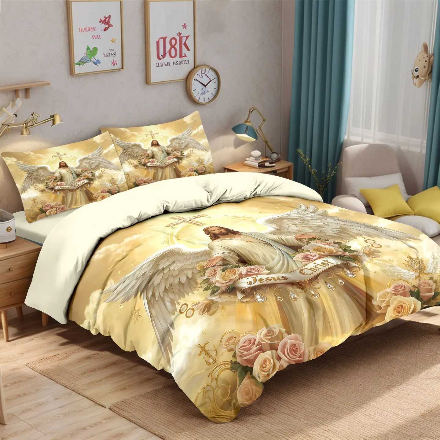 3pcs Jesus Themed Printed Polyester Bedding Set Soft and Comfortable Available in Multiple Sizes and Machine WashableM251118