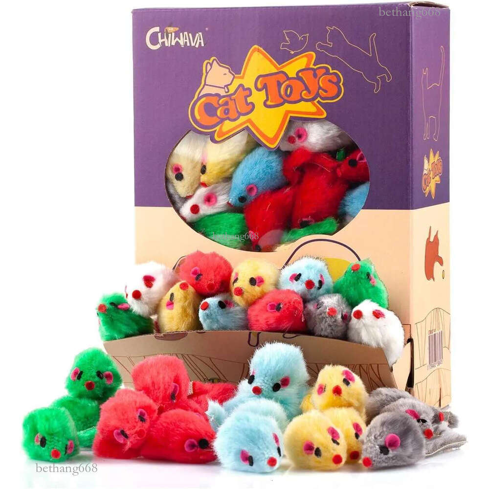 CHIWAVA 60PCS 4.1'' Furry Cat Toy Mice Rattle Small Mouse Kitten Interactive Play Assorted Color