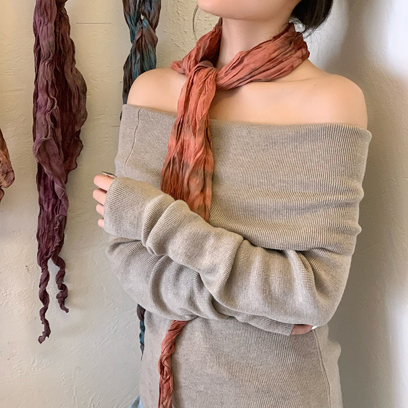 Z014 women's silk scarf light luxury high-end Japanese literary solid color pleated silk scarf scarf versatile scarf neck collar