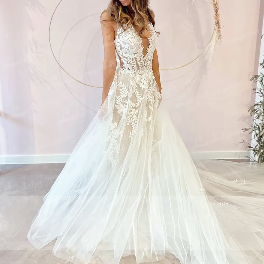 Sexy A-Line Backless Wedding Dress V-neck Sleeveless Lace Applique Off White Tulle Floor Length Long Bridal Dress Custom Made Color/Size RS5012