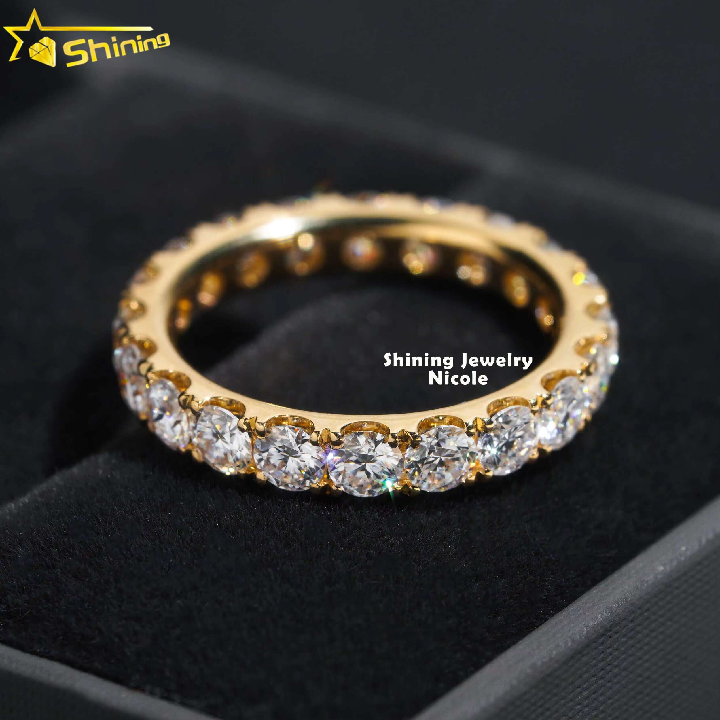 Hot Sale Pass Tester 3MM Eternity Band Solid Yellow Gold Engagement Moissanite Dia Ring