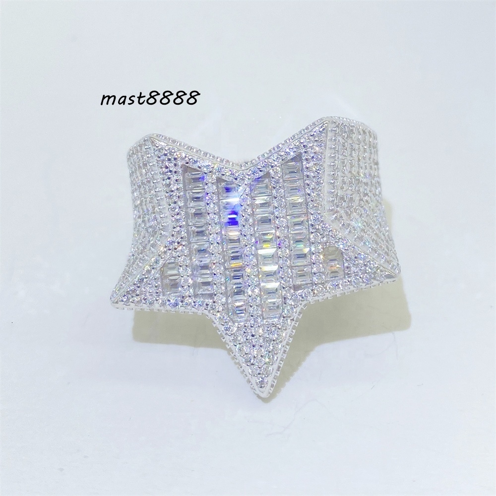 Ready to Ship Bling 925 Sterling Silver Star Shape baguette Diamond Moissanite Ring Hip Hop Iced Out Mens Rings