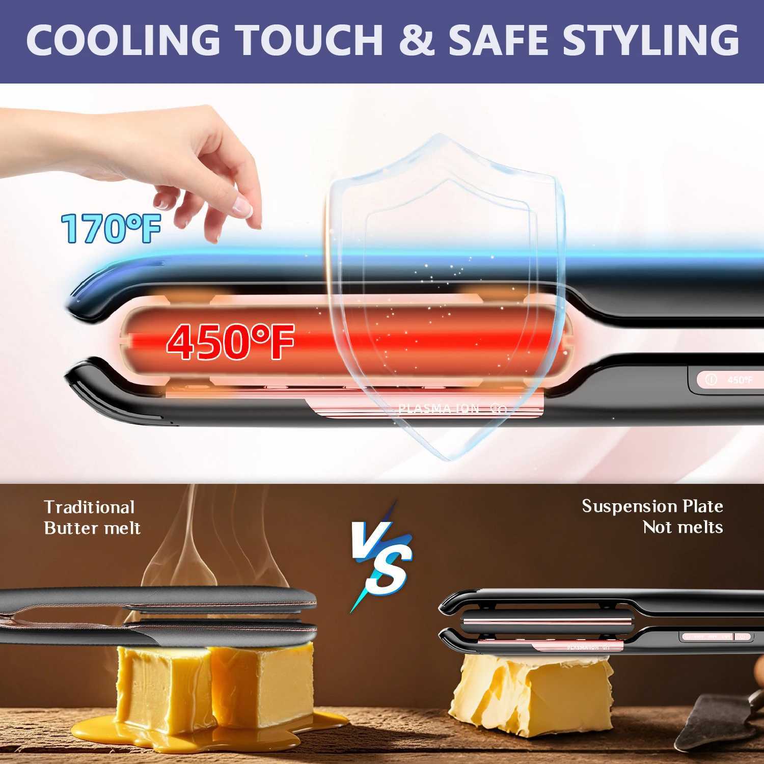 Hair Straightener Anti-scald Suspended Floating Plate Plasma 450F Hair Flat Iron Smooth Frizz Salon Styling Tools Dual Voltage W250610