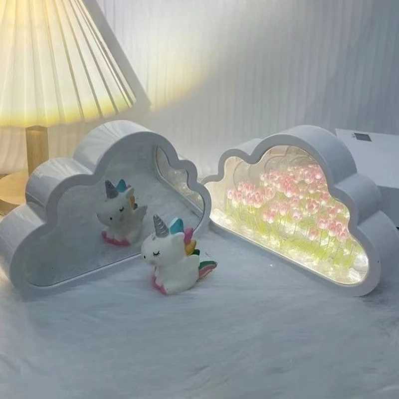 LED Night Light Mirror Table Lamp Bedroom Decor Lights New Handmade DIY Tulip Flower Sea Night Atmosphere Lamp Clouds Tulip Lamp M251118