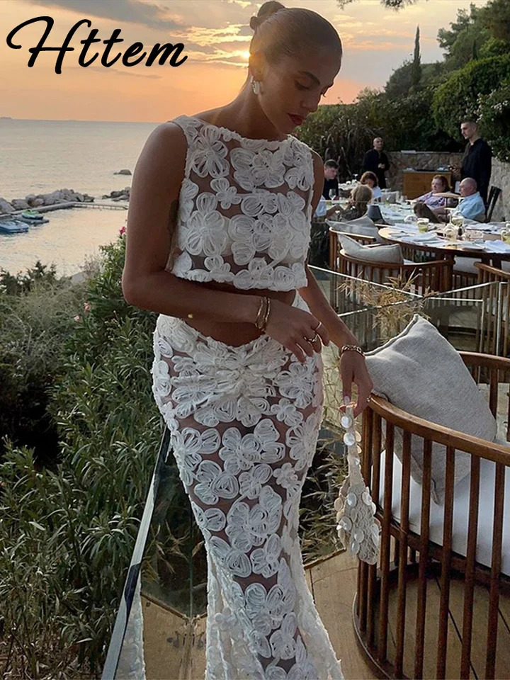 Sexy 3D Flower Crop Top Skirt Sets Women See Through Sleeveless Vest Slim Hip Package Skirts Suit 2025 Summer Lady Robe 250417