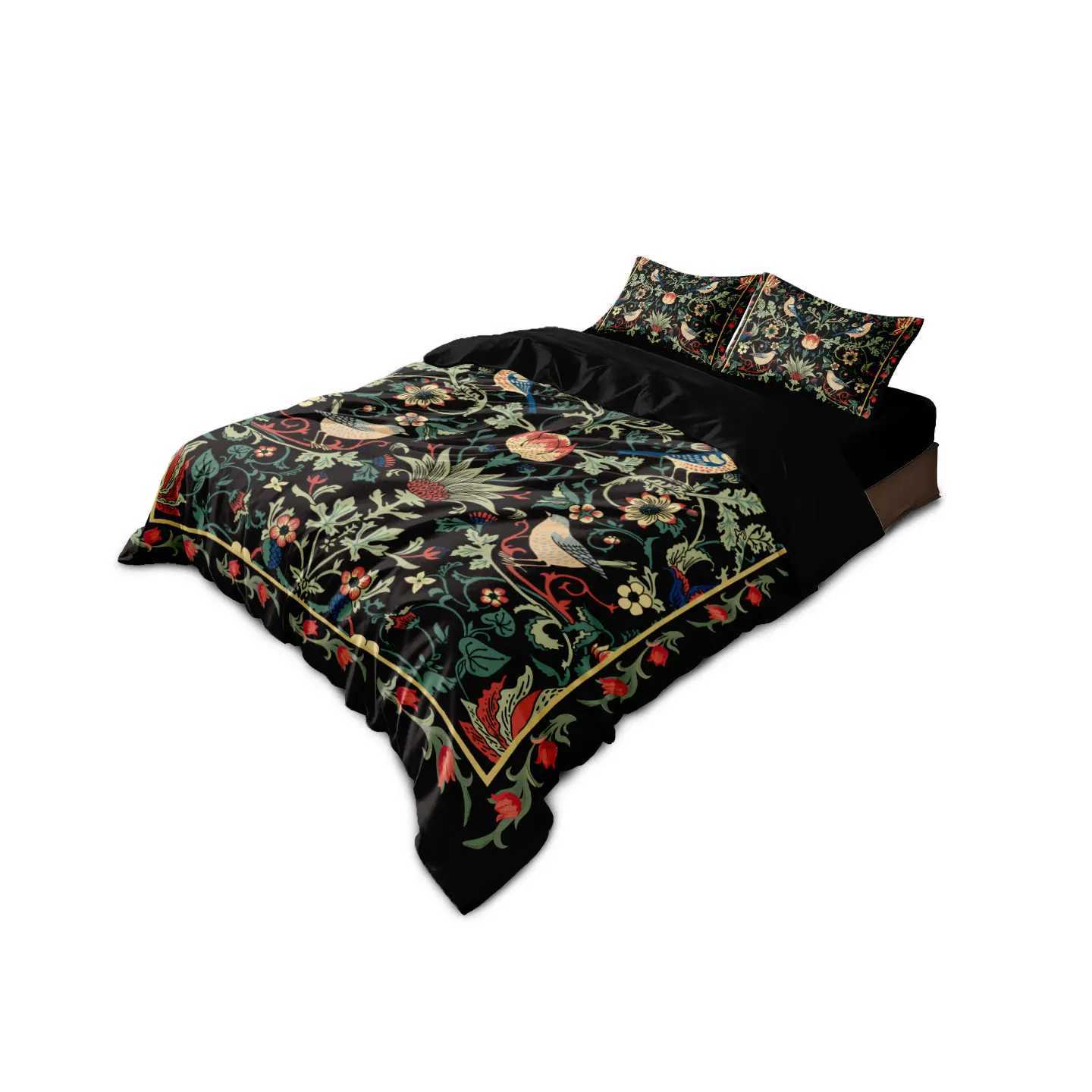 3pcs Black Retro Floral Print Coreless Duvet Cover Set Multi Size Bedroom Dormitory Soft and Comfortable Machine WashableM251118