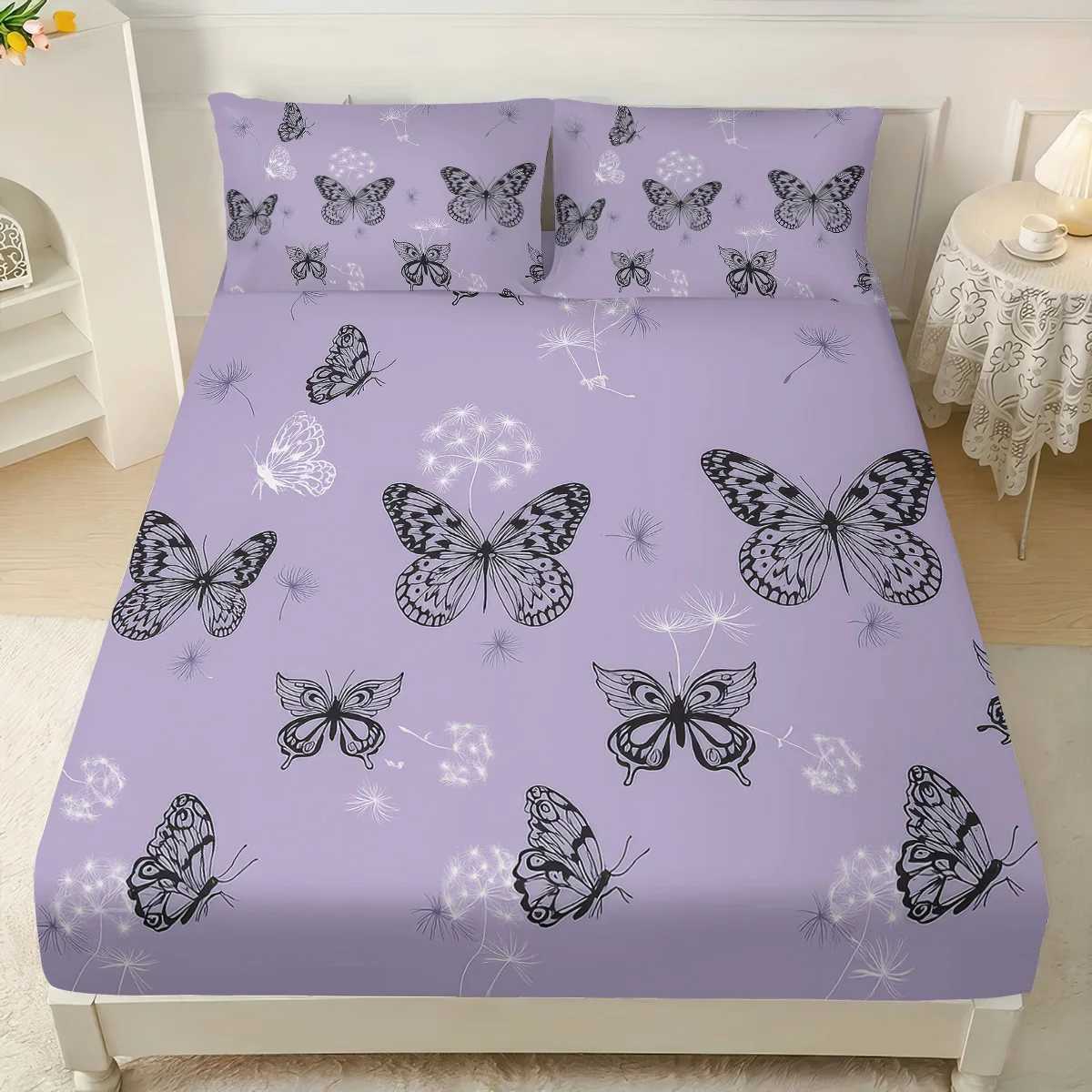 3pcs Purple Dreamy Butterfly Romantic Print Coreless Bed Sheet Set Multiple Sizes Bed Cover Bedroom Bedding DecorationM251118