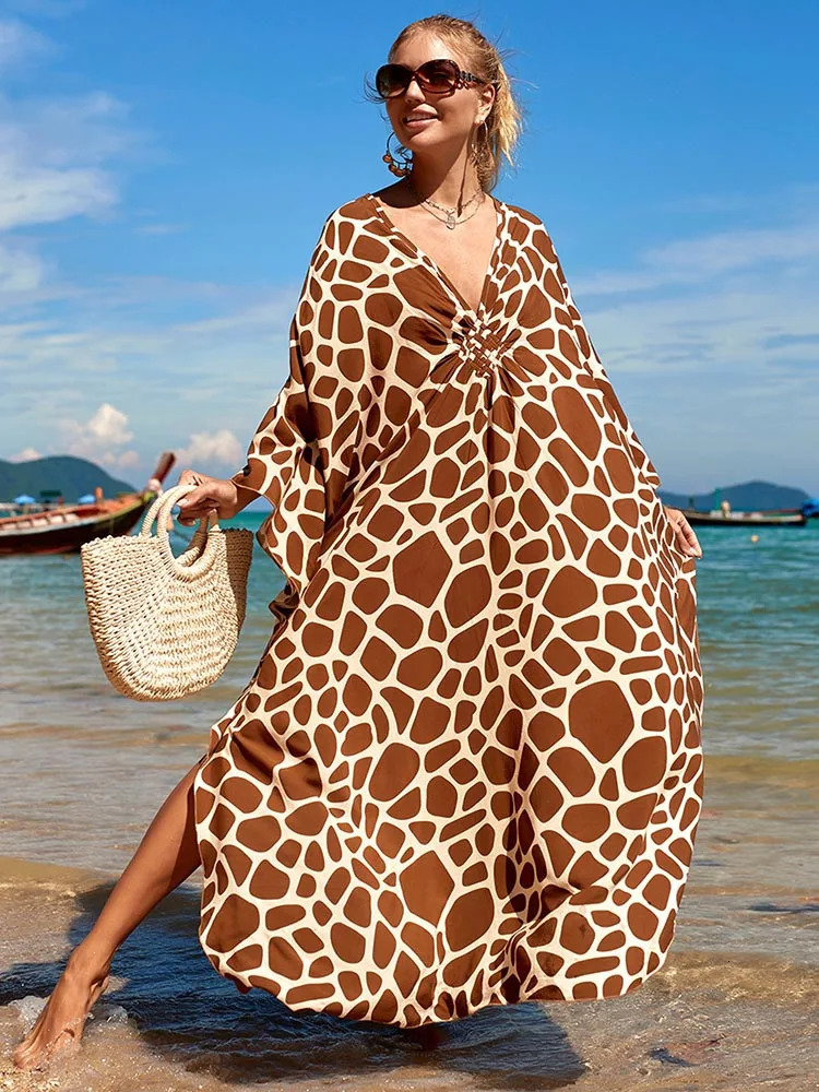 OIINAA Zebra Stripe Beach Top Womens Vneck Chic Plus Size Long Dress 2025 Fashion Swimsuit Cover Wear 250415Z