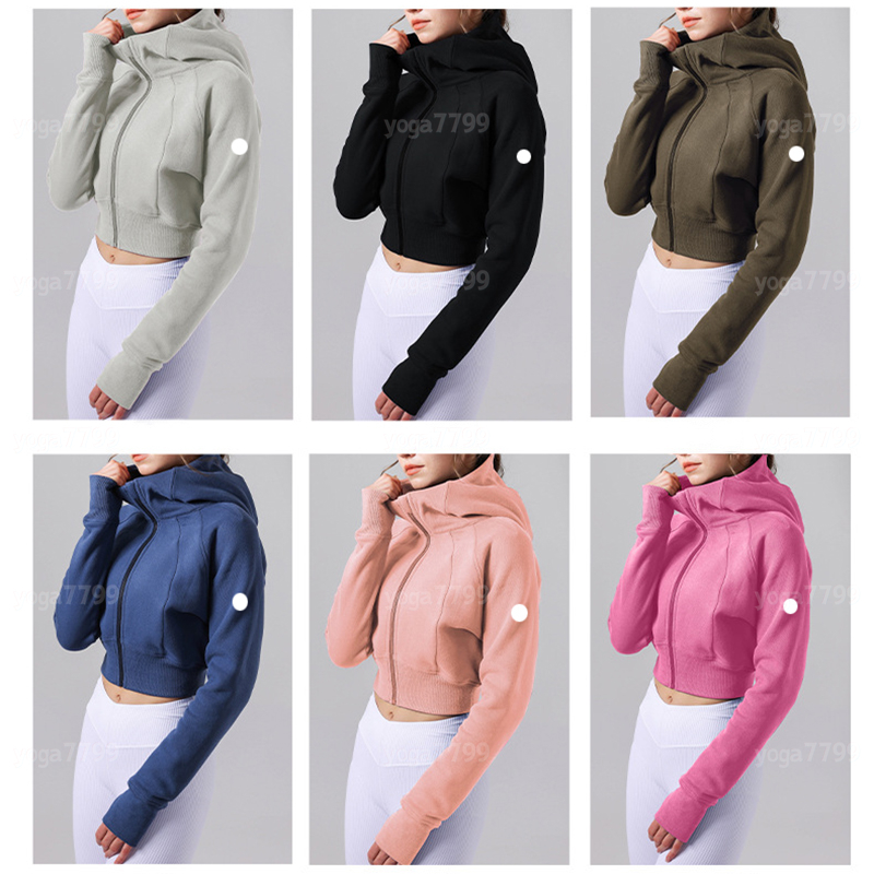 Womens Yoga Jacket Fleece Lined Short Hooded Sweatshirt Windproof Warm Sports Coat Yoga Jackets Autumn Winter Outdoor Training Sports Jackets Zipper Up Coats