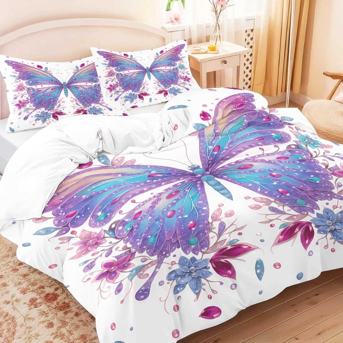 3pcs pink floral butterfly pattern duvet cover set 1 duvet cover2 cases coreless Soft and comfortable bedding setM251118