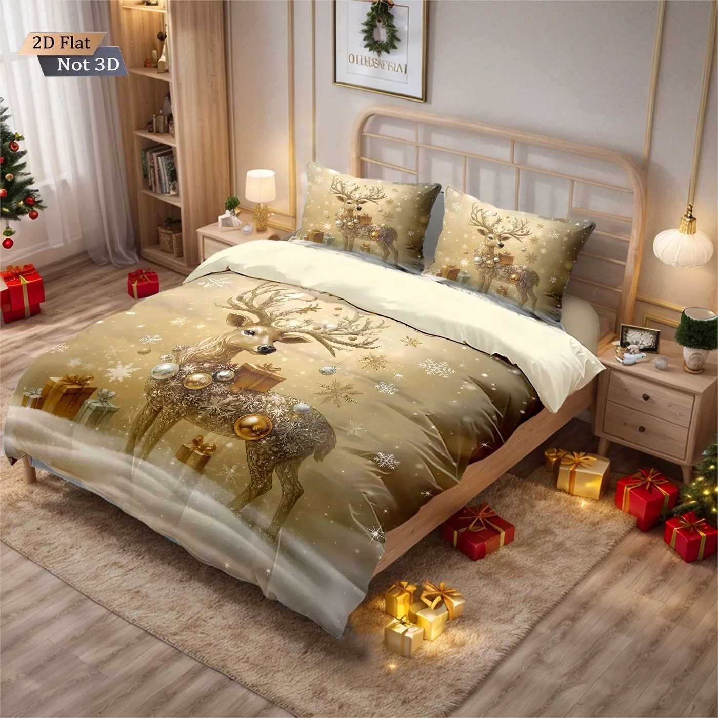 3pcs Christmas gold deer print coreless duvet set multi size bedroom bedding holiday decoration soft machine washableM251118