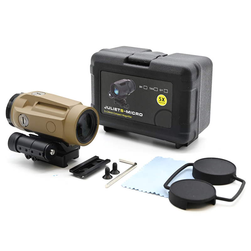 Tactical Juliet-5 5x Magnifier Scope 5x24mm Magnification Rifle Optics Compact Durable Lightweight Push-Button Flip-to-Side Mount With Spacer M1913 Pi