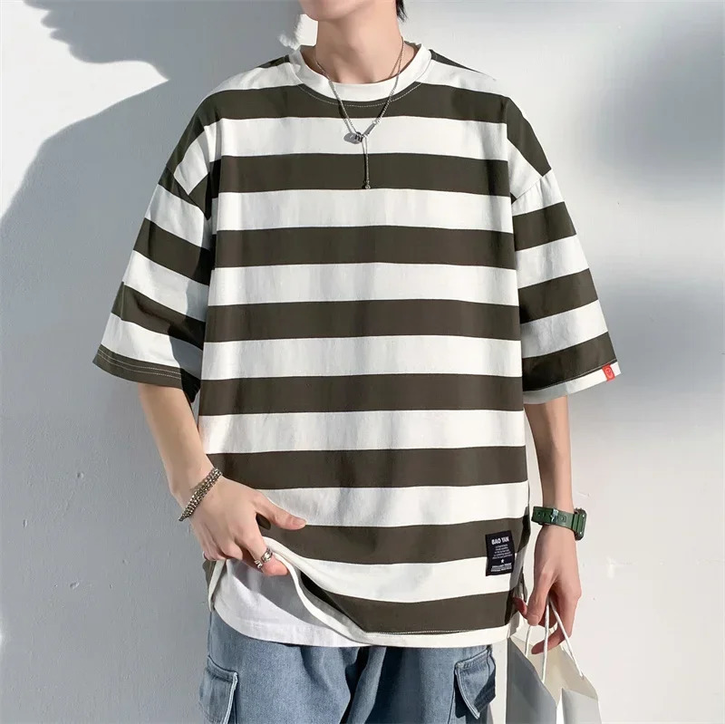 Mens pure cotton Tshirt striped mens oversized with split hem fashionable casual wear summer 5XL large 250408Z