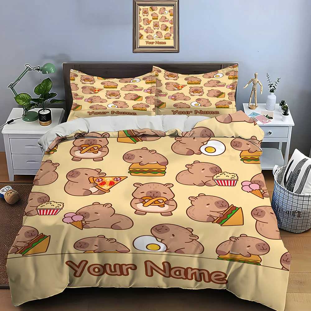 Personalization Custom Name Quilt Cover Cartoon Capybara Print 3 Pieces Setting Bed King Size case Bedroom Bed Set GiftsM251118