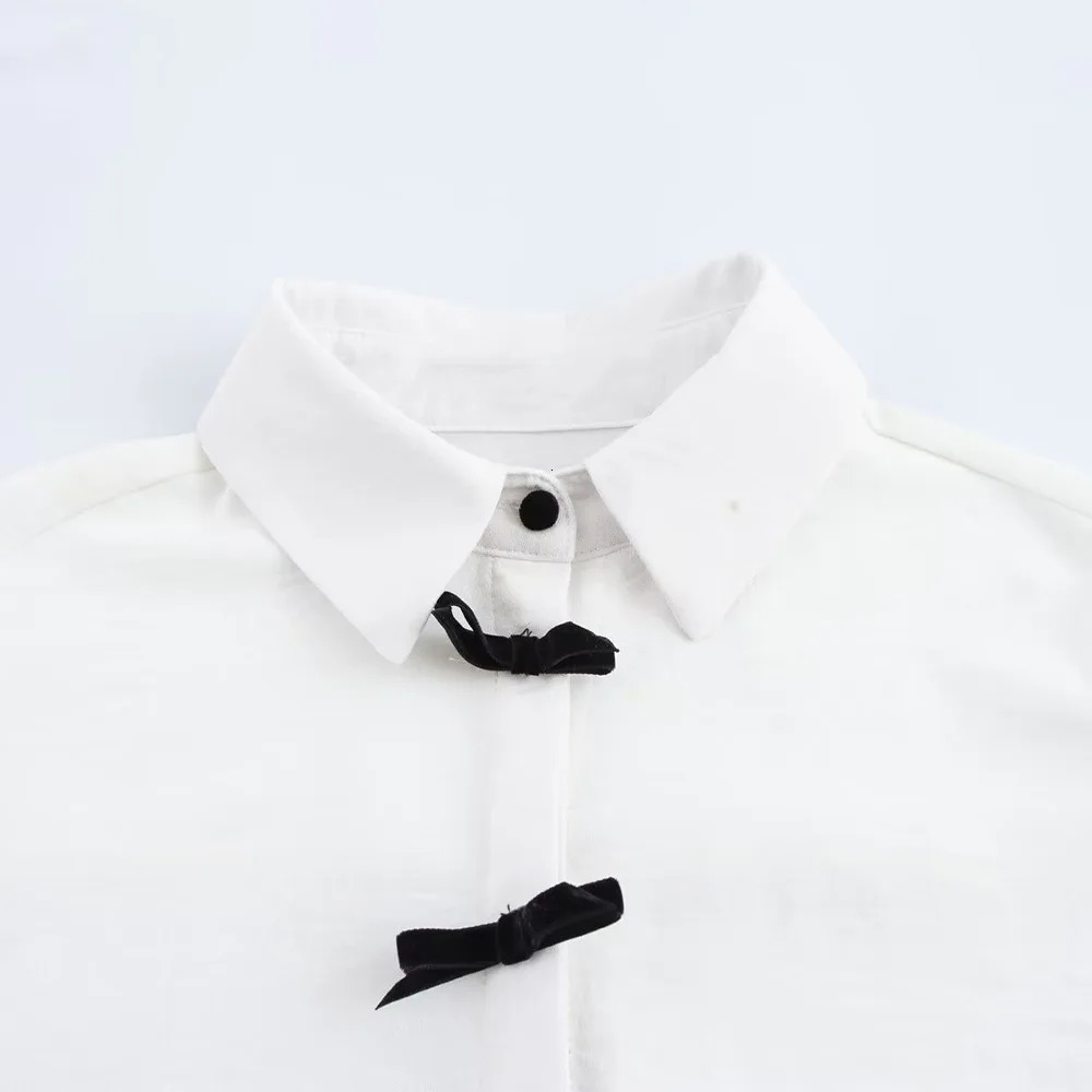 ZBZA Womens Bow Tie Polka Dot Blouse Loose Lapel Long Sleeves Hidden Button Straight Casual Shirt Spring Summer Chic Blouse 250417