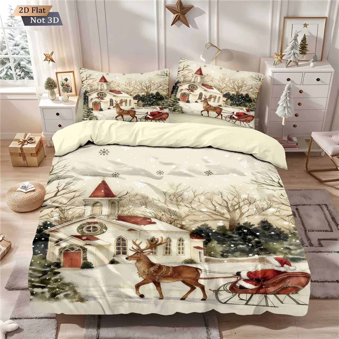 3pcs Christmas town print chipless bedding set multi size bedroom and dormitory duvet covers soft machine washable decorationM251118
