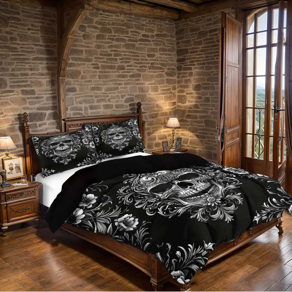 3PCS Black and White Skeleton Victorian Baroque Gothic Retro Duvet Set 1 Duvet Set2 cases without CoreM251118