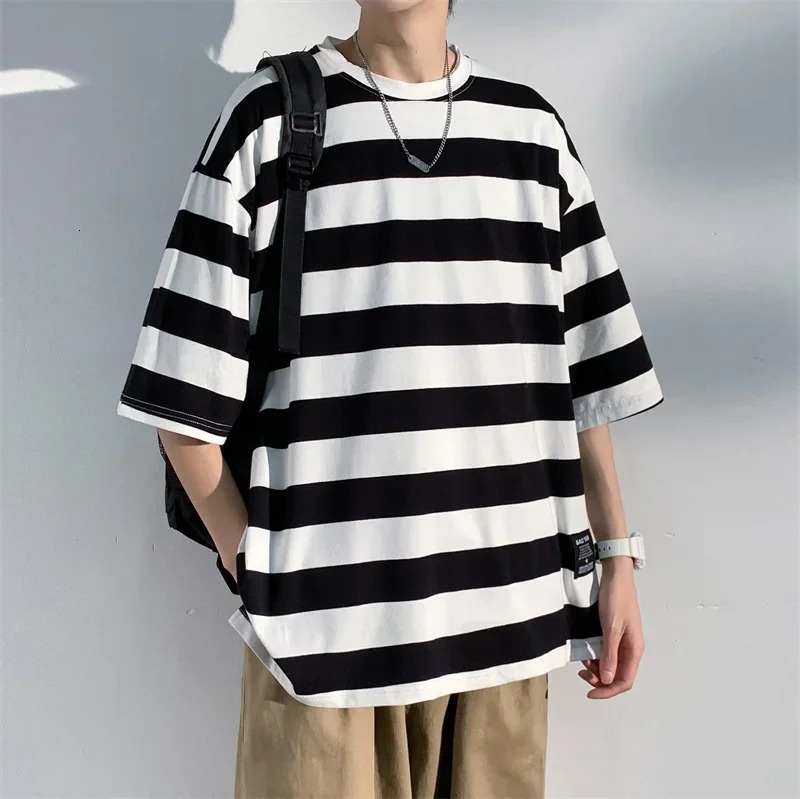 Mens pure cotton Tshirt striped mens oversized with split hem fashionable casual wear summer 5XL large 250408Z