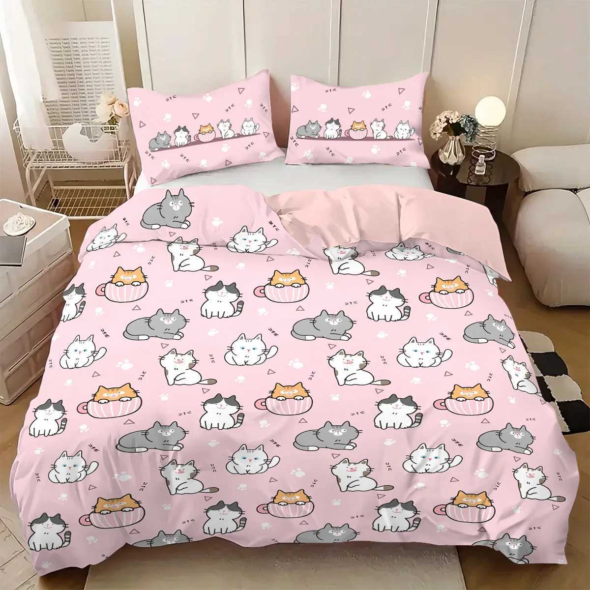 3pcs 1 duvet cover 2 cases coreless pink cute cartoon cat element printed bedding set soft and comfortableM251118