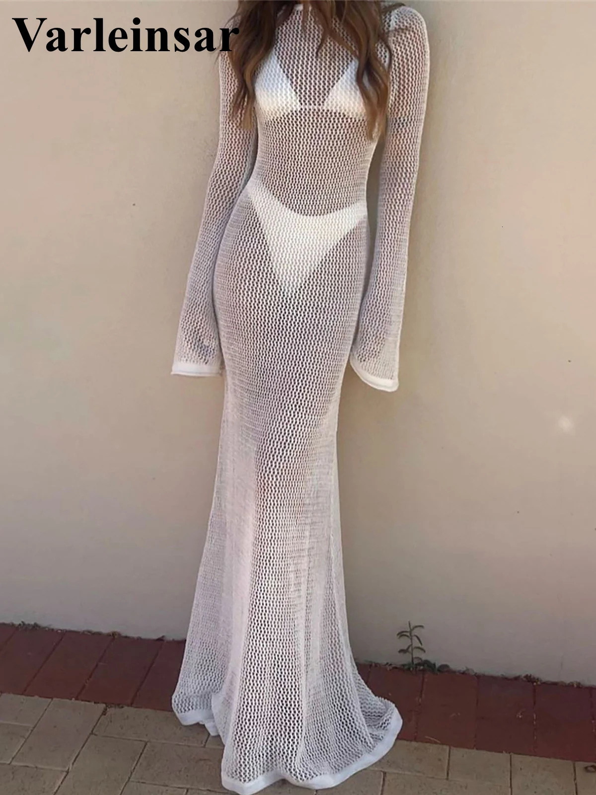 Sexy long sleeved hollow crochet knit Tunic Beach Cover Ups dress Wear Beachwear womens V5319 250415Z