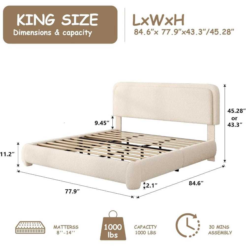 King Size Boucle Bed Frame Cloud Upholstered Platform Bed with Height Adjustable Headboard Soft Rounded CornersM251118