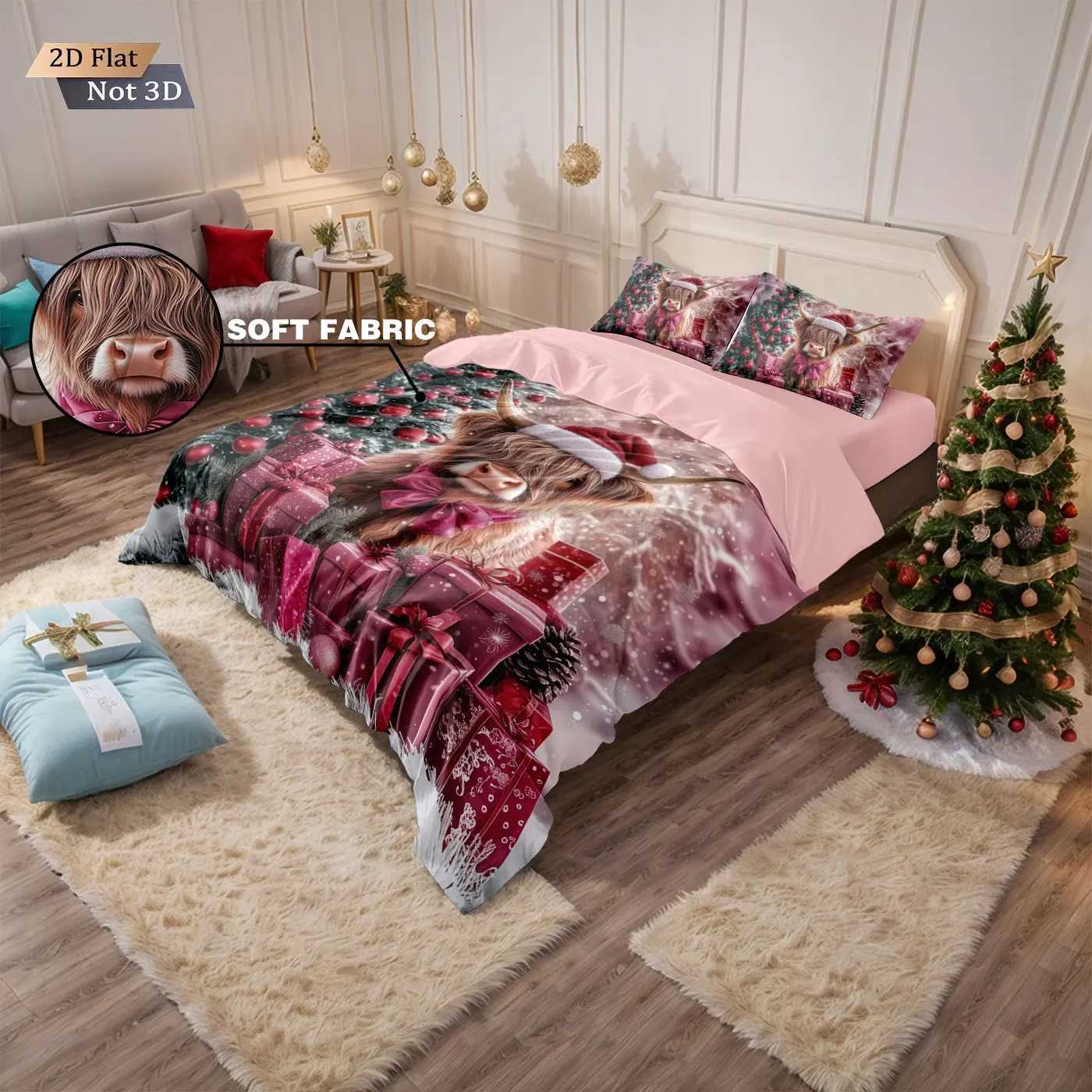 3pcs Red Christmas Highland Cow Gift Print coreless Bedding Set Soft Dormitory Bedroom Multiple Sizes Machine WashableM251118