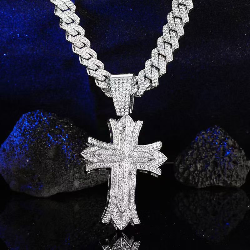 Fashion designer hip-hop full European and American dia luxurious personality high-quality cross necklace high-end Cuban retro chain