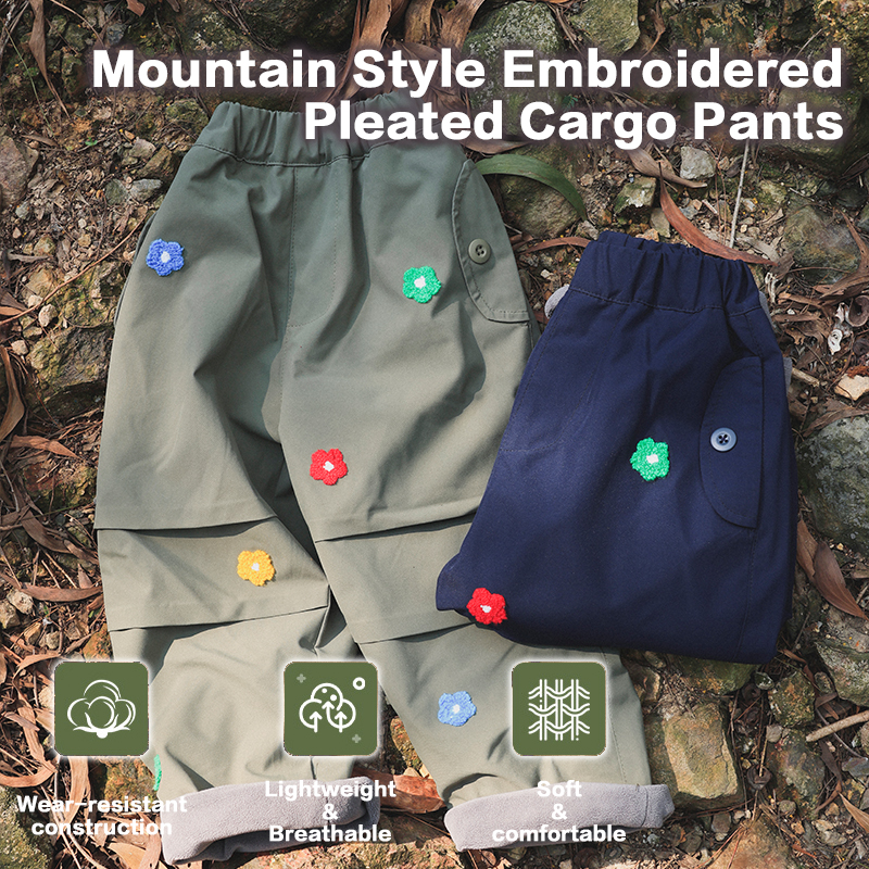 Kids' Mountain Style Embroidered Pleated Cargo Pants, Water-Repellent Textured Outdoor Multi-Pocket Trousers, New Season Hiking & Daily Wear 25AG
