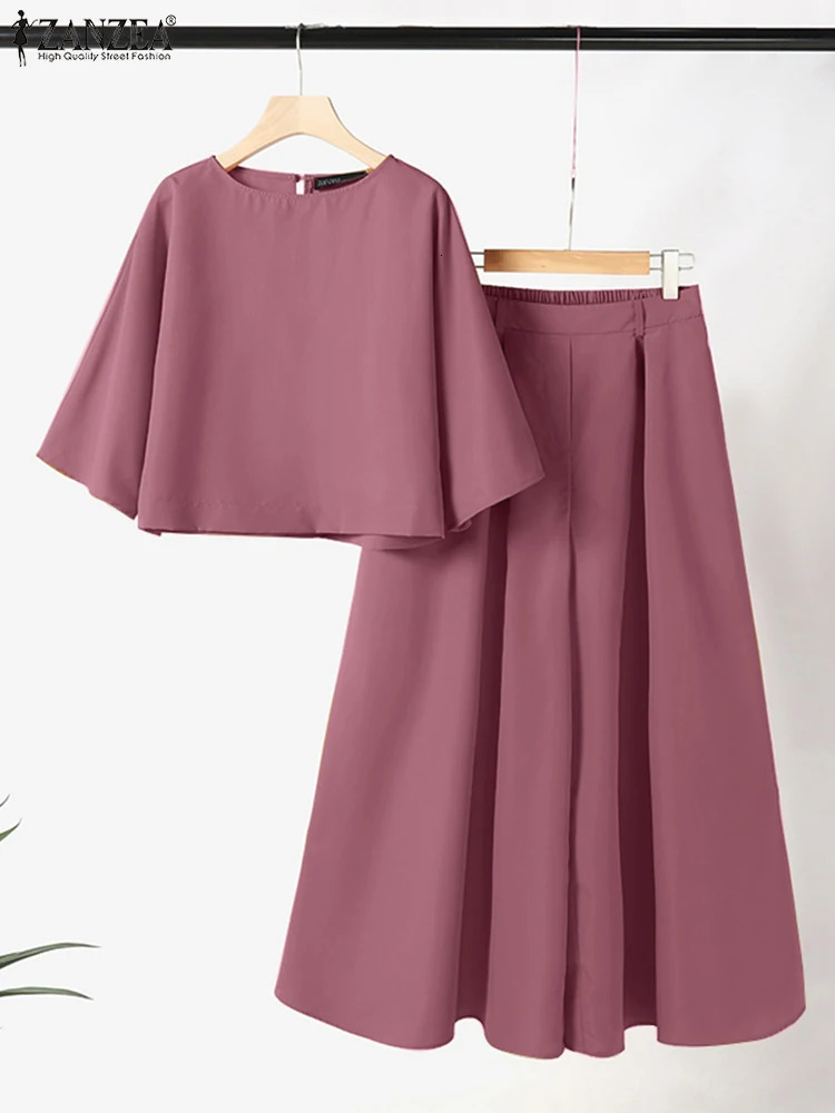 ZANZEA 2PCS Womens Summer Pants Set Casual Solid Work Clothes 34 Sleeve Shirt Wide Leg Trouser Fashion Matching 250418