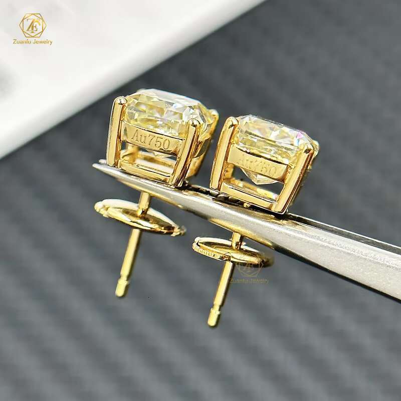 High Quality 18K Yellow Gold Fine Jewelry Certified GRA Canary Yellow 7x7MM 2CT Cushion Cut Moissanite Earrings