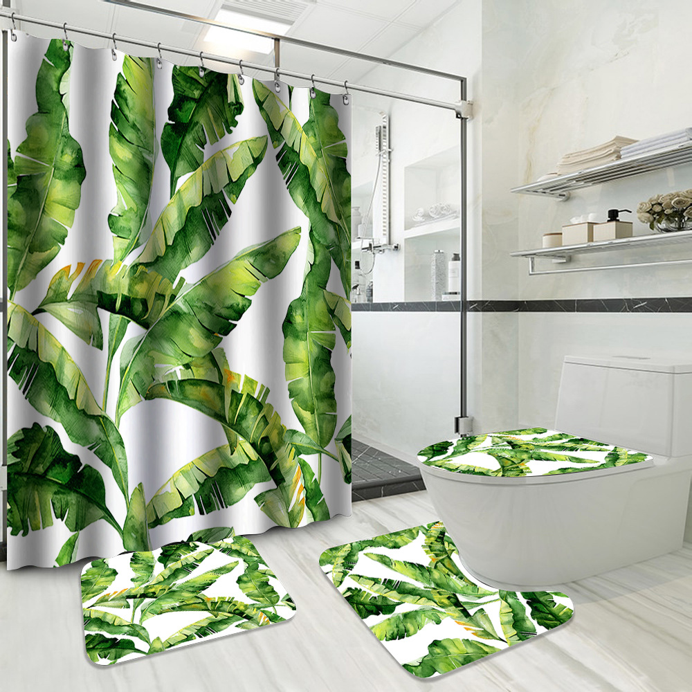 YL-37743 Hot Selling Shower Curtain 4-Piece Set, Green Plant Series, Waterproof and Mildew-Proof Shower Curtain, No Drilling Required