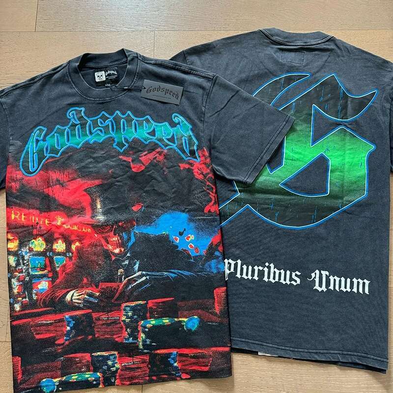 Summer Style Vintage Wash Blue Godspeed T-Shirt Personality Trendy Print God Speed Short Sleeve Washed Tops Cotton Black Tee