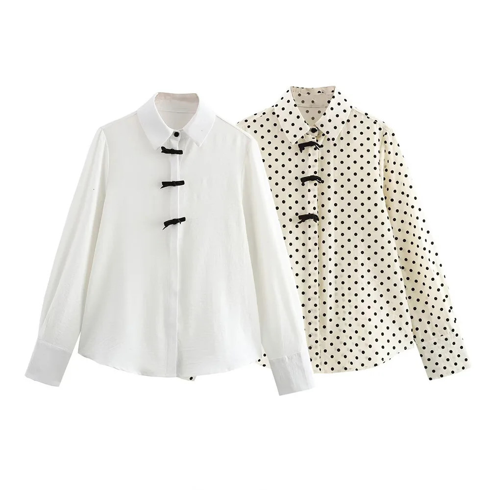 ZBZA Womens Bow Tie Polka Dot Blouse Loose Lapel Long Sleeves Hidden Button Straight Casual Shirt Spring Summer Chic Blouse 250417