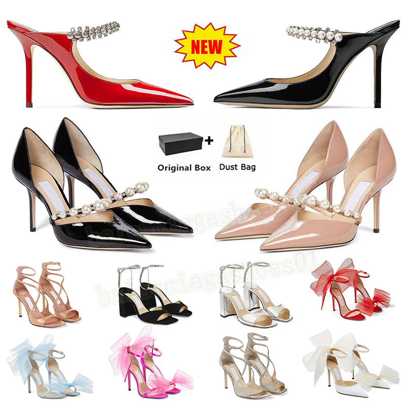 Brand Designer Womens High Heels Patent Leather Bottom 10cm Stiletto Heel Pumps Dress Shoes Crystal Pearl Pointed Toe Ankle Strap Party Wedding Platform Sandals