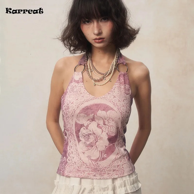 Karrcat Japanese Y2k Halter Tops Grunge Aesthetics Purple Tank Top Vintage Harajuku Flower Print Camisole Backless 2000s Retro 250410