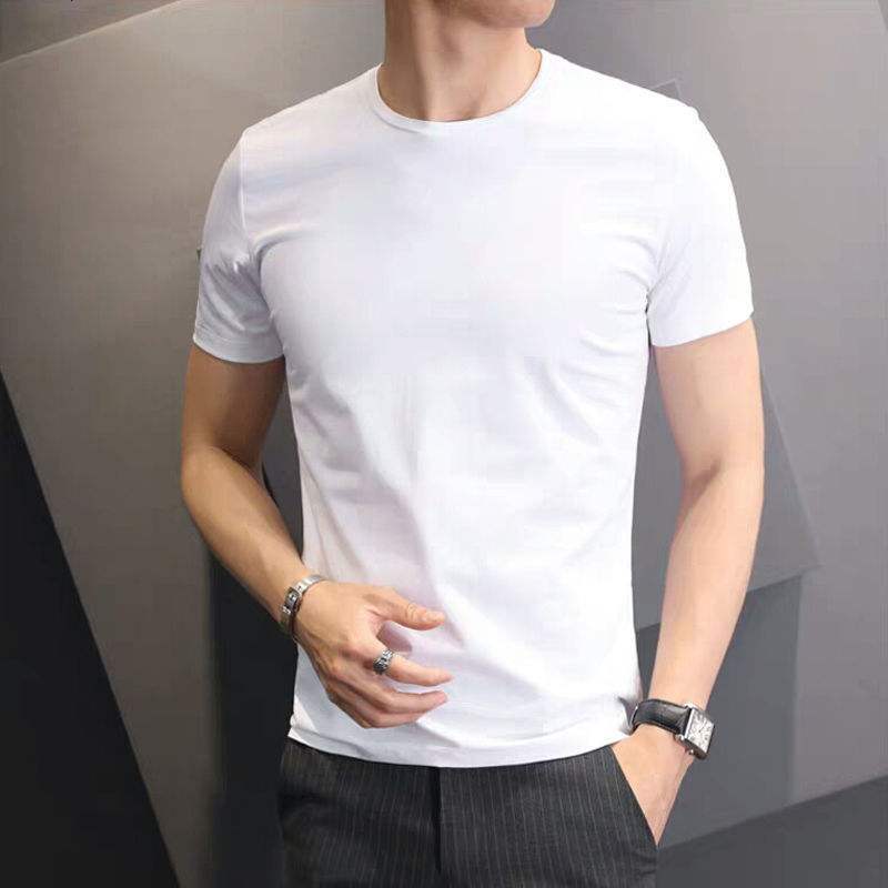 Summer solid color short T-shirt, round neck, half sleeved upper garment, white men's bottom shirt, slim fit T-shirt trend