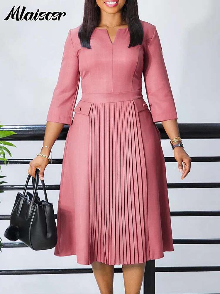 Mlaiscsr Elegant Pink A-E Dresses Women V-Neck 3/4 Sleeve Pleat African Party Evening Guest Birthday Midi Dress OL Clothing