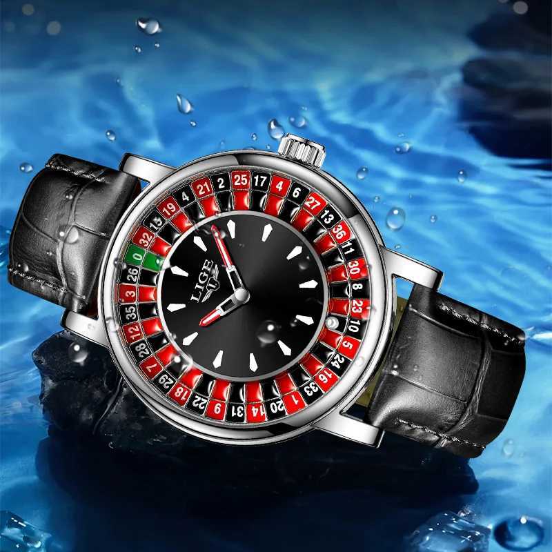 LIGE Outdoor Fashion Quartz Mens Watch Leather Casual Retro Creative Gambling Table Roulette Gaming Dial Waterproof Mens Watch M250418