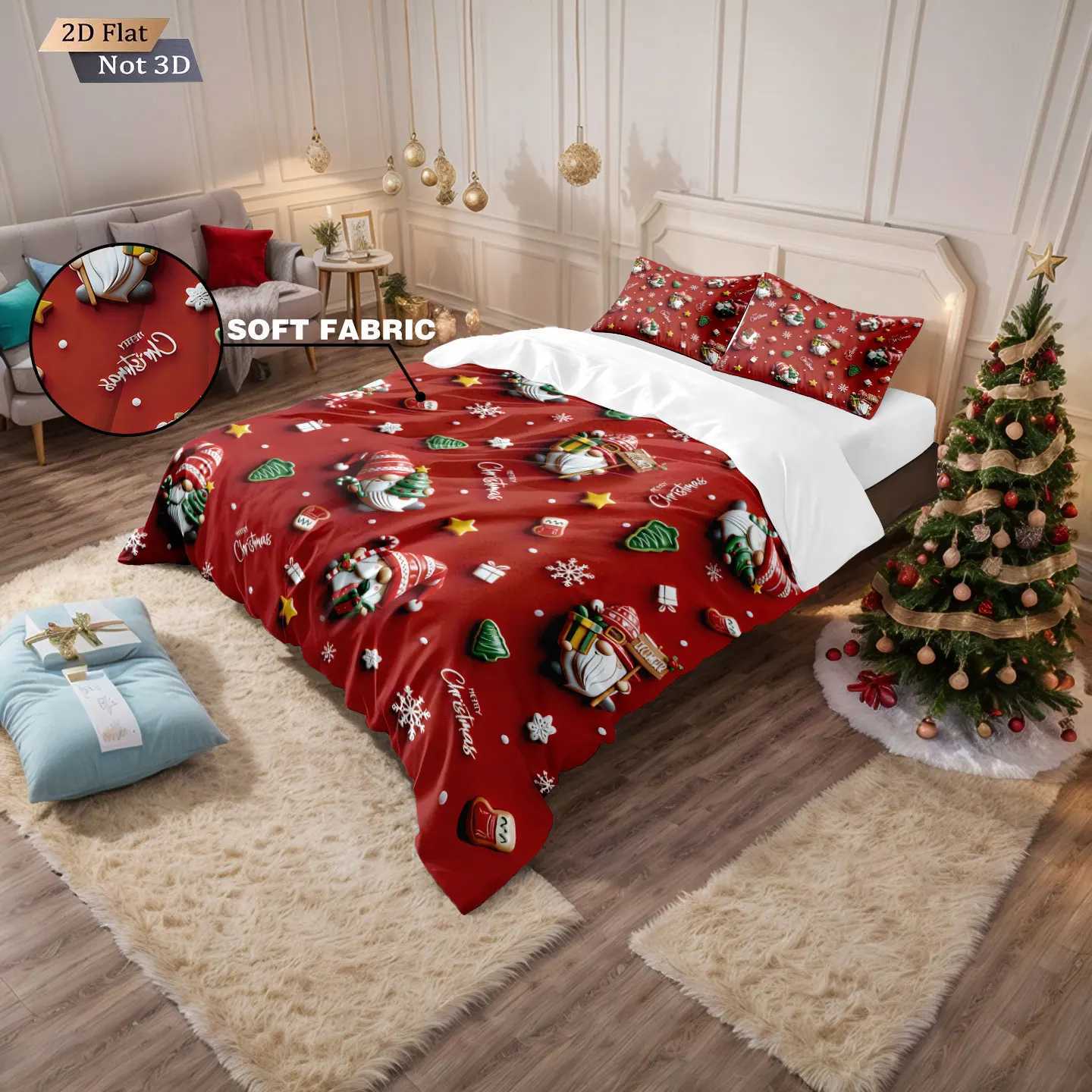 3pcs red Christmas print coreless duvet set MUlti size bedroom dormitory bedding decoration soft machine washableM251118