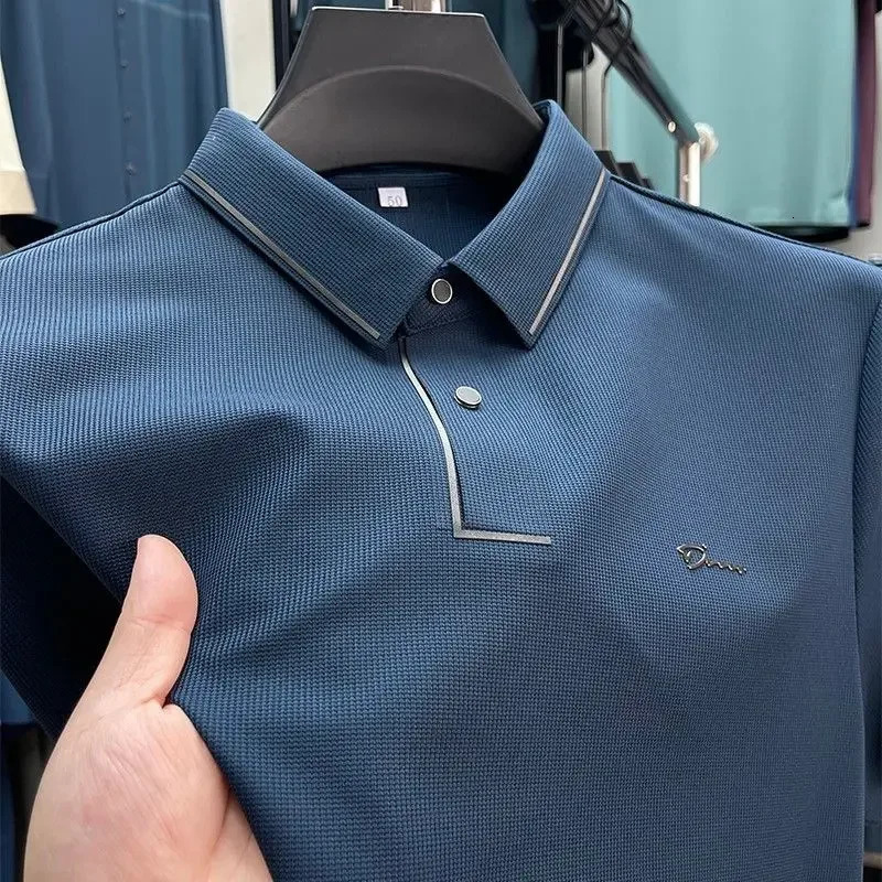 Summer British style clothing mens polo shirt 100% pure cotton business collar printed polo shirt loose short sleeved T-shirt 250410