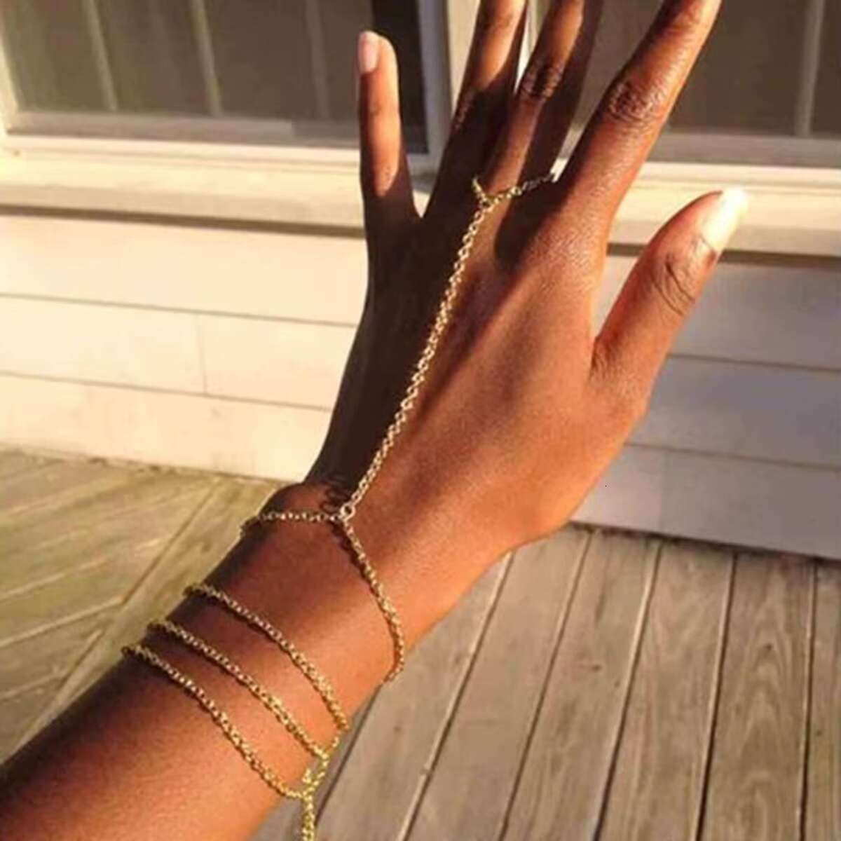 J D 18K PVD Plating White Pearl O Shaped Chain Hand Chain Bracelet Finger Bracelet