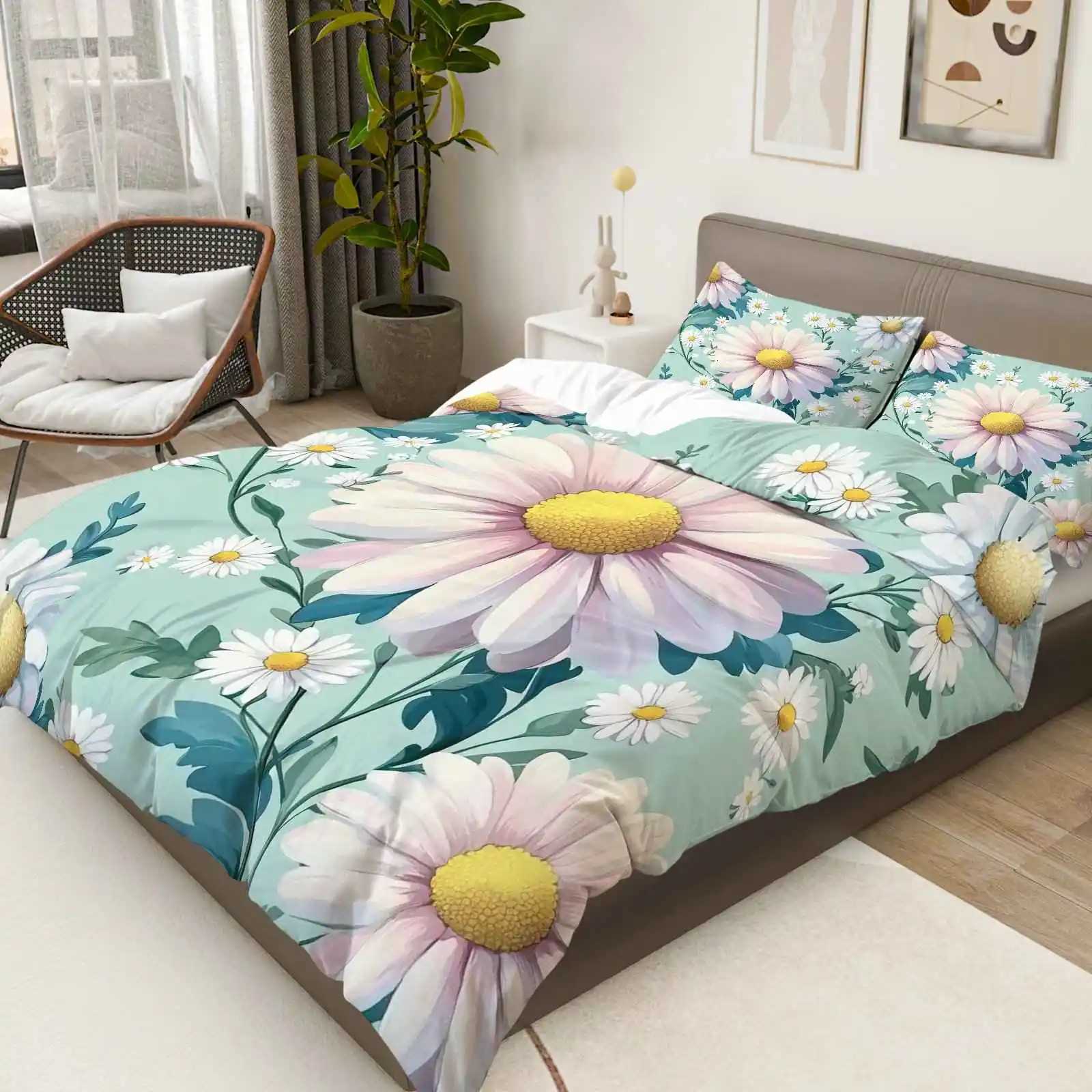 3pcs Duvet Cover Set Daisy Flower Floral Botanical Fresh Nature Theme Bedding Set Suitable for Decoration Bedroom Living RoomM251118