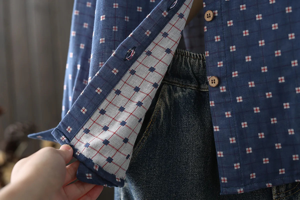 Autumn Two Layer Cotton Yarn White Shirts Women Dot Print Tops Long Sleeve Pocket Loose Casual Blouses Spring T38513JM 250417