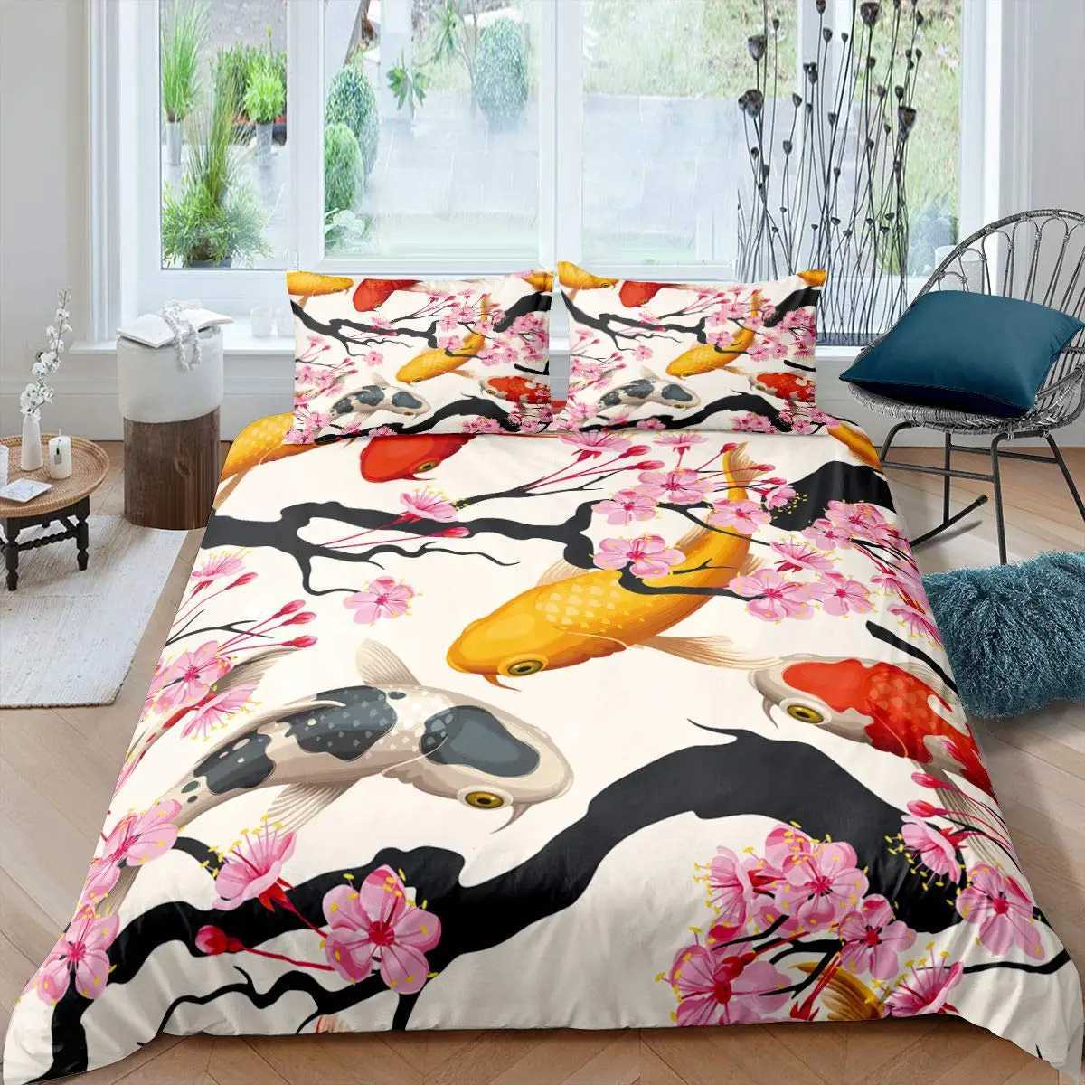 Koi Fish Duvet Cover Set King Queen Size Lucky Fish Flowers Colourful 3D Print Comforter Cover For Kids Polyester Bedding SetM251118