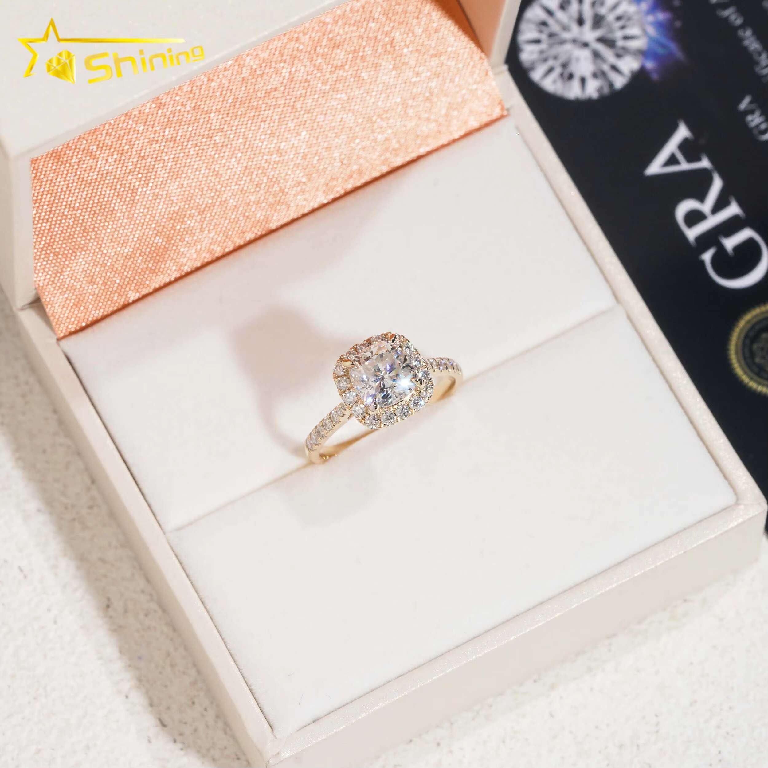 Top Quality Halo Design 14k Yellow Gold Lab Grown Dia Moissanite Engagement Rings for Women
