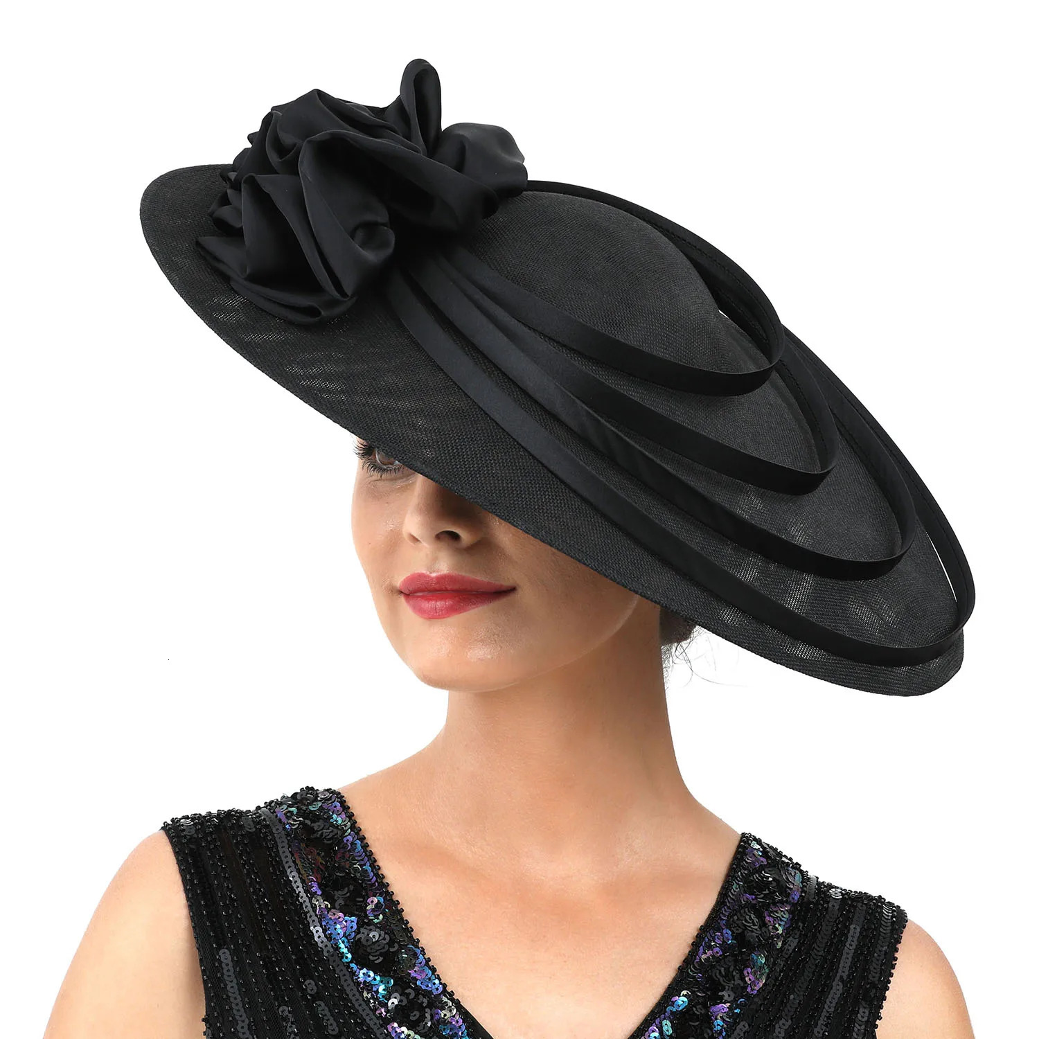 Black Large Flower Fascinator Sinamay Church Hat kentucky Hat Wedding Headband Hat Cocktail Tea Party for Women 250326