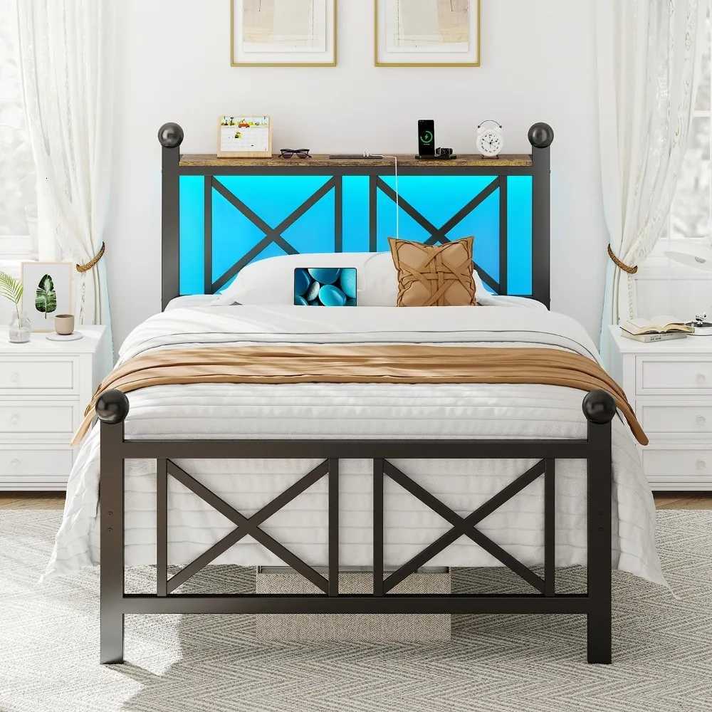 Bed Frame with LED Lights Heavy Duty Metal Bed with Headboard and Footboard Storage Shelf with Charging StationM251118