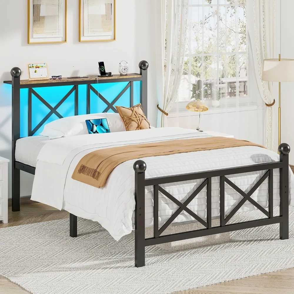 Bed Frame with LED Lights Heavy Duty Metal Bed with Headboard and Footboard Storage Shelf with Charging StationM251118