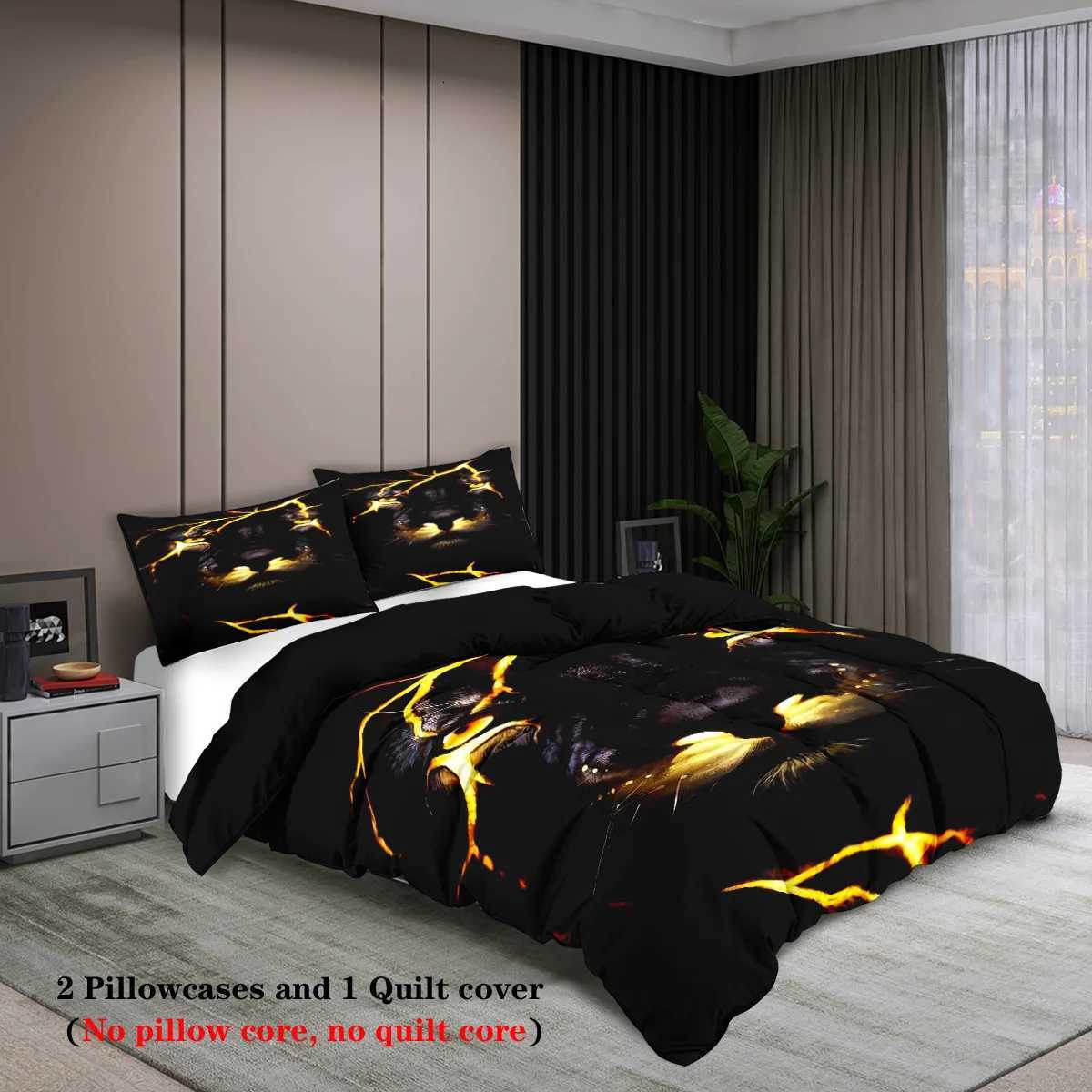 Animal Duvet Cover Set Queen Size Polyester Lightning Lion Pattern Duvet Cover Grey Black Soft Bedding Set for Teen Boys ManM251118
