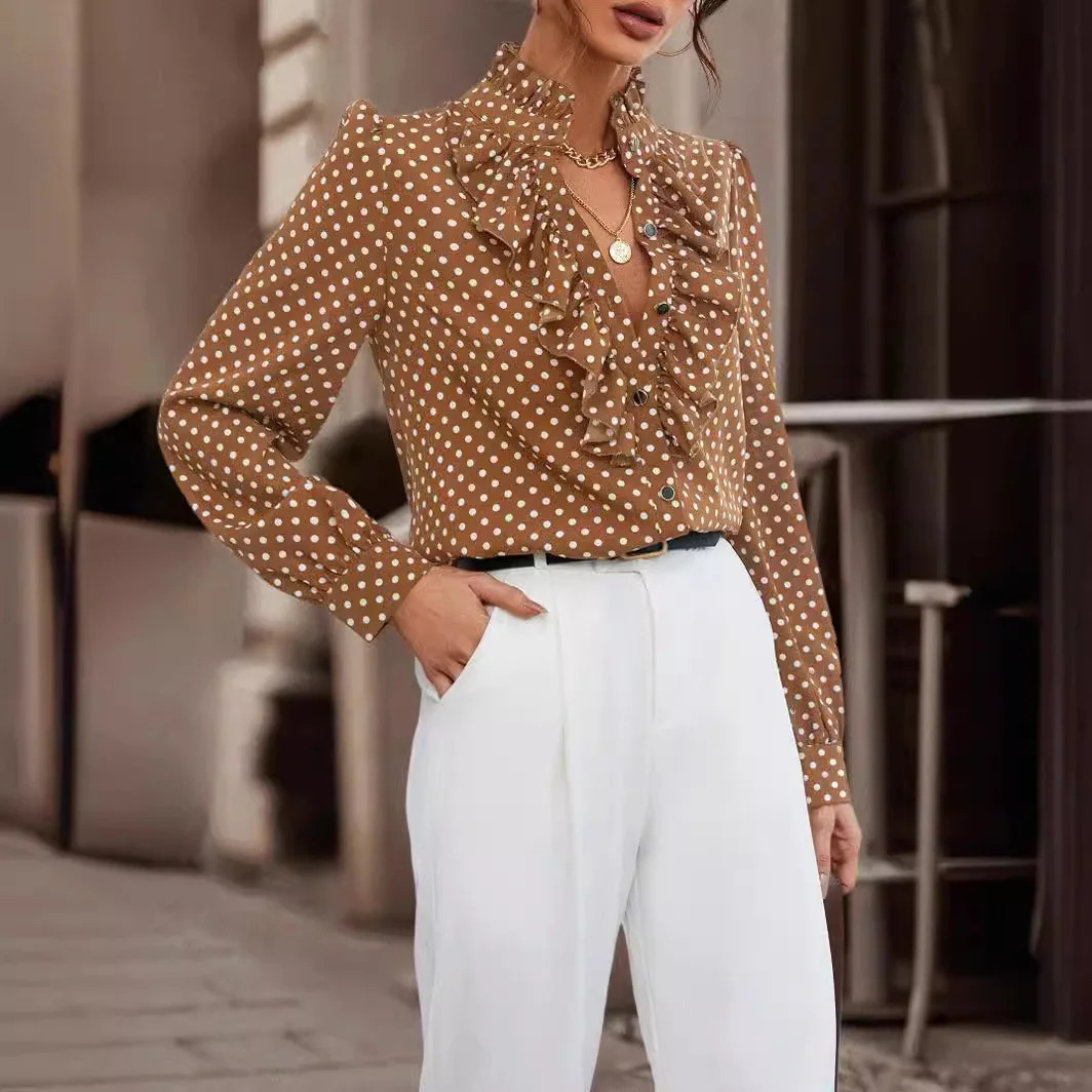 Spring Summer Long Sleeve Button Shirt Fashion Polka Dot Print Ruffle Women Shirts Blouses Elegant Office Lady Casual Top 250417